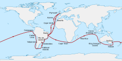 Mapa que ilustra la ruta del viaje del HMS Beagle.