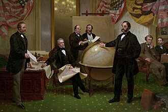Ilustración histórica que retrata la firma del tratado de cesión de Alaska el 30 de marzo de 1867.