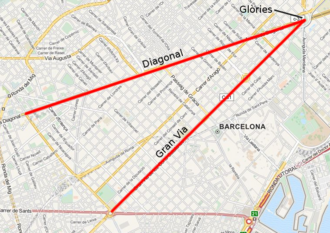 Plano de Barcelona con la V formada por la Gran Vía y la Diagonal