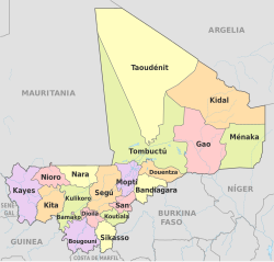 Mapa de las regiones y divisiones administrativas de Mali