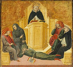 Pintura de Giovanni di Paolo que muestra a Santo Tomás de Aquino frente a Averroes