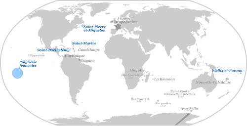 Colectividades de ultramar de Francia en azul.