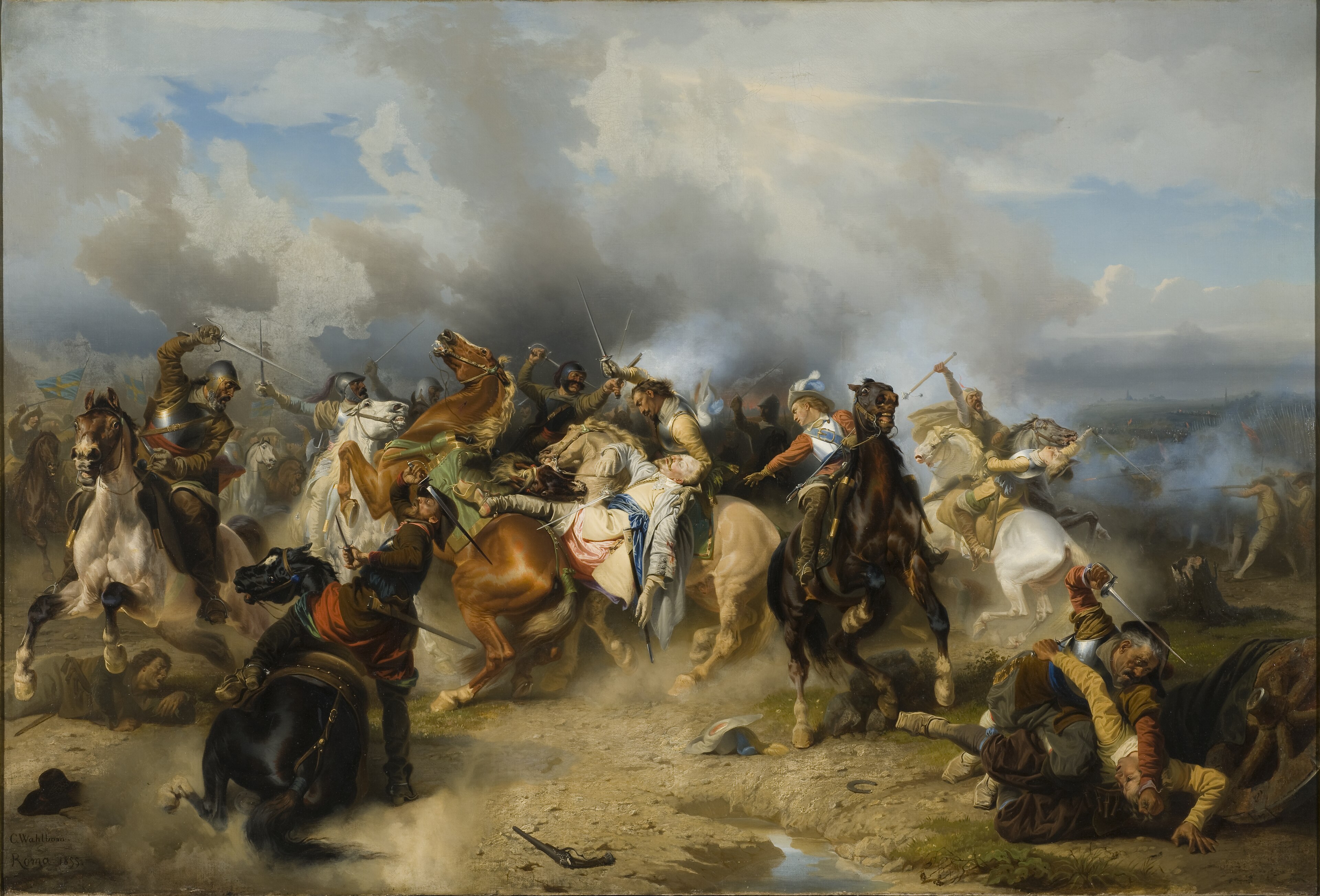 Representación romántica de la muerte del rey Gustavo II Adolfo de Suecia en la batalla de Lützen