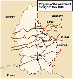 Mapa de rutas de invasión alemana a Luxemburgo