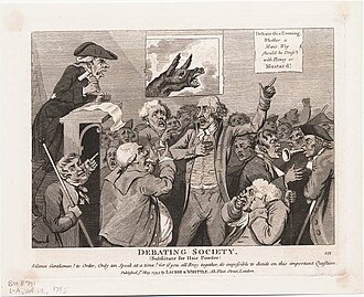 Caricatura histórica de 1795 satirizando el contenido de los debates políticos y sociales.