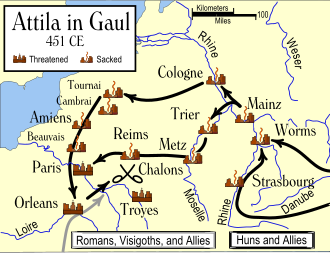 Mapa del posible camino de las fuerzas hunas en su invasión de la Galia