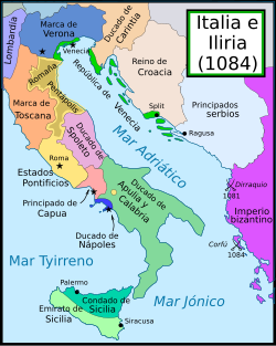 Sur de Italia en 1084 mostrando los restos del emirato antes de la conquista normanda.