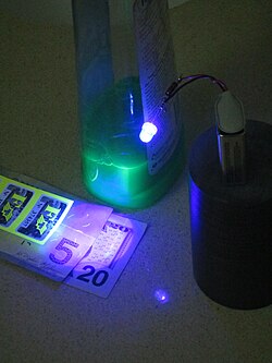 Un LED UV emitiendo radiación que causa fluorescencia en objetos cotidianos