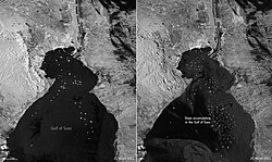 Imagen satelital de Sentinel-1 mostrando el embotellamiento naval en el golfo de Suez