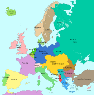 Mapa político de Europa al iniciarse la Primera Guerra Mundial en 1914.