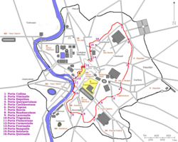 Plano de la antigua Roma con el trazado de los muros servianos