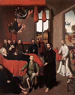 Representación de la muerte de la Virgen por Petrus Christus