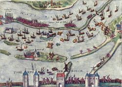 Grabado antiguo de Frans Hogenberg ilustrando las operaciones militares en Flandes