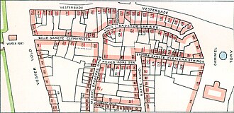 Mapa de Vester Kvarter con los números de lotes del catastro de 1699