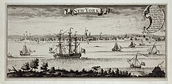 Grabado histórico del puerto de Nueva York en 1727
