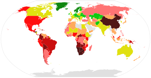 Mapa esquemático de países según su coeficiente de Gini