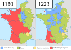 Representación cartográfica de las conquistas territoriales llevadas a cabo por Felipe Augusto.
