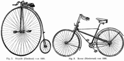 Comparativa entre un biciclo de 1880 y una bicicleta moderna Rover de 1885
