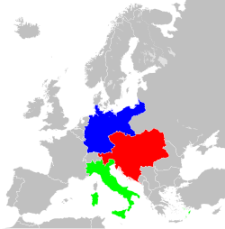 Mapa de la Triple Alianza en 1914 con Alemania en azul, Austria-Hungría en rojo e Italia en verde.