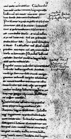 Extracto manuscrito de los Juramentos de Estrasburgo conservado en la historia de Nitardo.