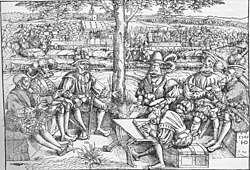 Grabado histórico del Libro de la guerra de Reinhart el Viejo que ilustra un consejo militar durante la campaña del Danubio.