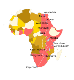Esquema cartográfico de las rutas planificadas para el ferrocarril transafricano