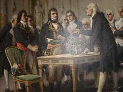 Ilustración histórica de Volta explicando su columna eléctrica a Napoleón