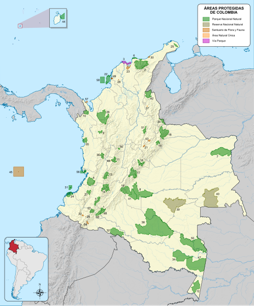 Mapa de distribución de áreas protegidas en Colombia