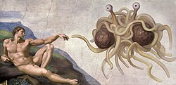 Representación de la creación con el Monstruo de Espagueti Volador