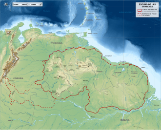 Mapa e ilustración del relieve del Escudo guayanés