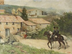 Guardias civiles entrando en un pueblo según una obra de Eduardo de Soria Santacruz