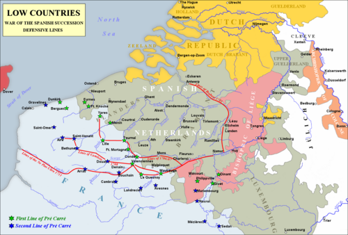 Mapa histórico de la propuesta defensiva de Vauban en la frontera norte de Francia.