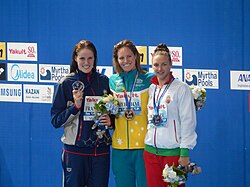 Podio de premiación en un campeonato mundial de natación.