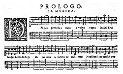 Primeras líneas del prólogo de la ópera Orfeo de Claudio Monteverdi