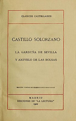 Cubierta de la edición de La garduña de Sevilla y anzuelo de las bolsas de 1922 publicada en la colección Clásicos Castellanos