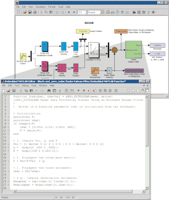 Diagrama en bloques de un radar que incluye un filtro Kalman en MATLAB