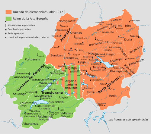 Mapa de Alemania y la Alta Borgoña alrededor del año 1000
