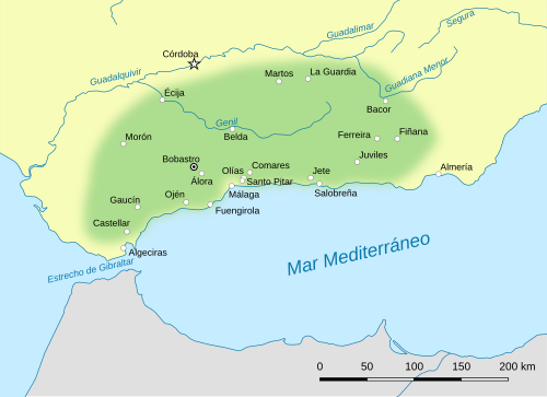 Mapa histórico con la extensión aproximada de la rebelión de Omar ben Hafsún en torno al 912.