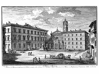 Grabado del Palacio de San Calixto al lado izquierdo de Santa María en Trastevere por Giuseppe Vasi en el siglo XVIII.