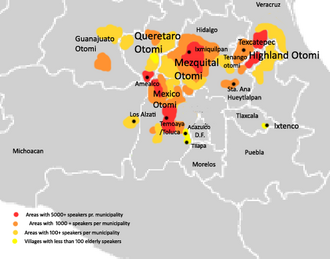Mapa de la extensión actual del otomí a principios del siglo XXI