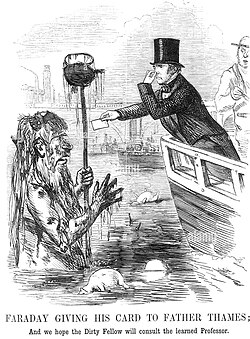 Caricatura histórica de 1855 sobre la contaminación del río Támesis en Londres
