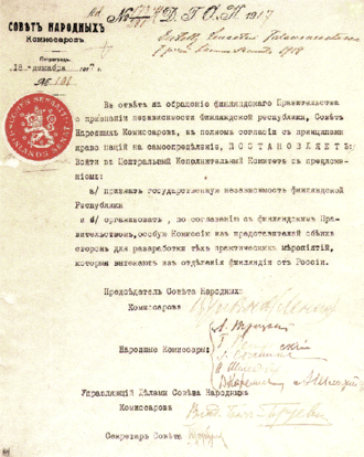 Representación relacionada con el reconocimiento de la independencia finlandesa por los bolcheviques.