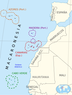 Distribución geográfica y código de colores de los archipiélagos macaronésicos
