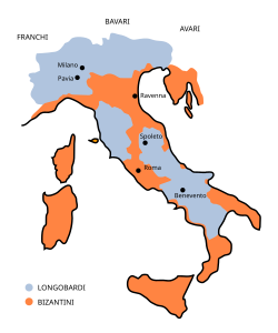 Mapa detallado de Italia tras la invasión lombarda de 568