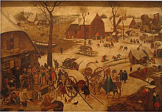 Pintura costumbrista de invierno con temática religiosa.