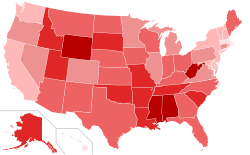 Mapa electoral indicando la distribución de la identificación conservadora según encuestas de Gallup.