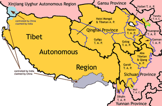 Mapa de las zonas marcadas en amarillo correspondientes a regiones con pueblos tibetanos
