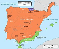 Mapa del reino visigodo tras las conquistas de Leovigildo
