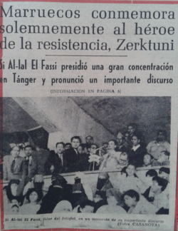 Recorte de prensa sobre el discurso de Allal el Fassi en Tánger en 1956