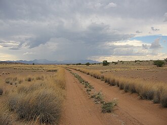 Camino de arena ubicado en un entorno desértico de Namibia.